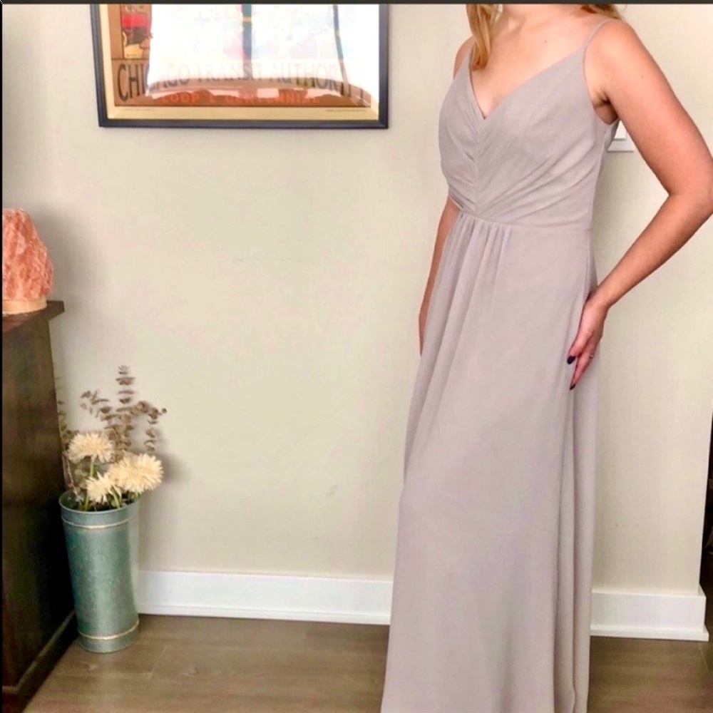 Levkoff Silver Gray Chiffon Pleated Long Gown